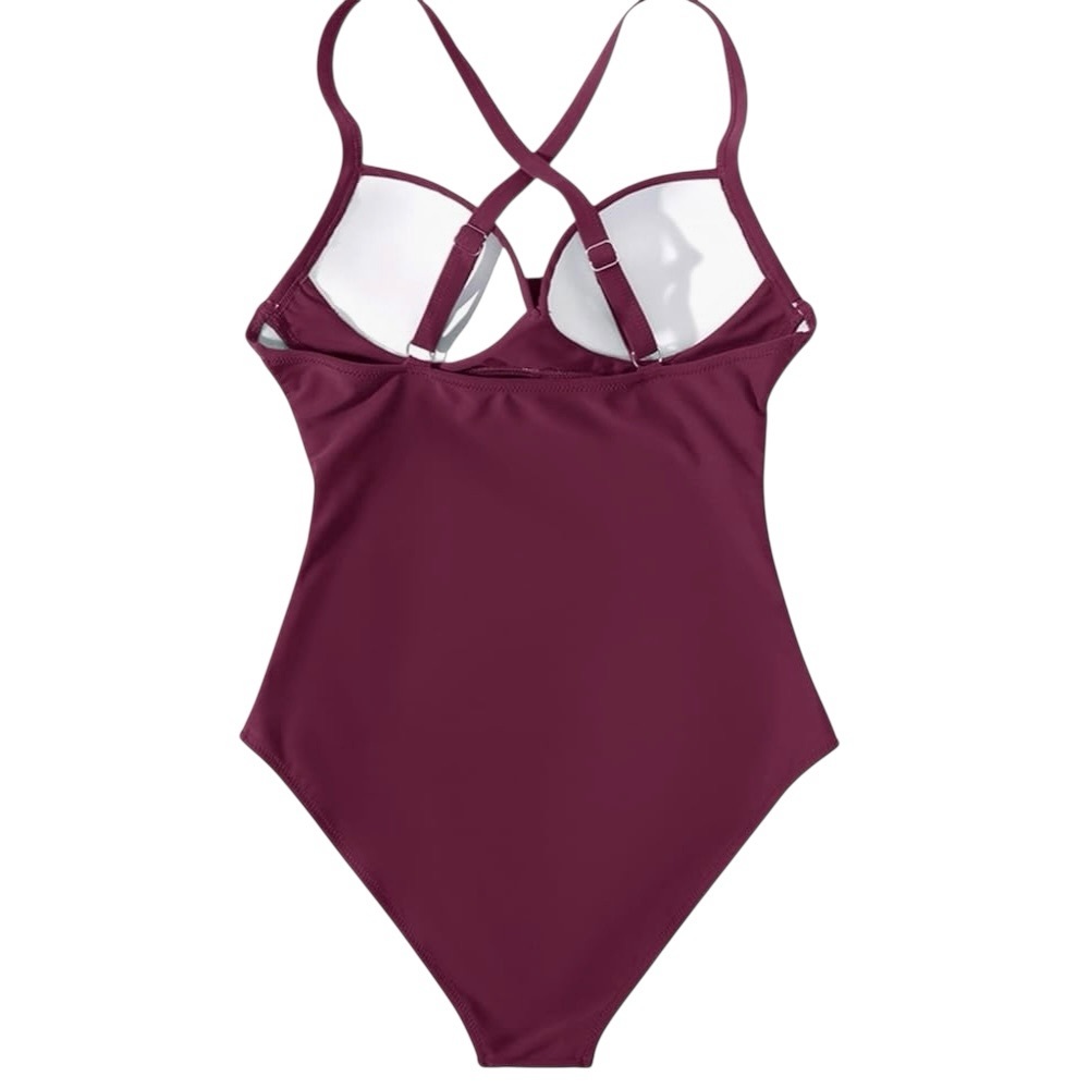 Suuksess Slimming Retro Cut out One Piece Swimsuit in Wine - Picture 11 of 13